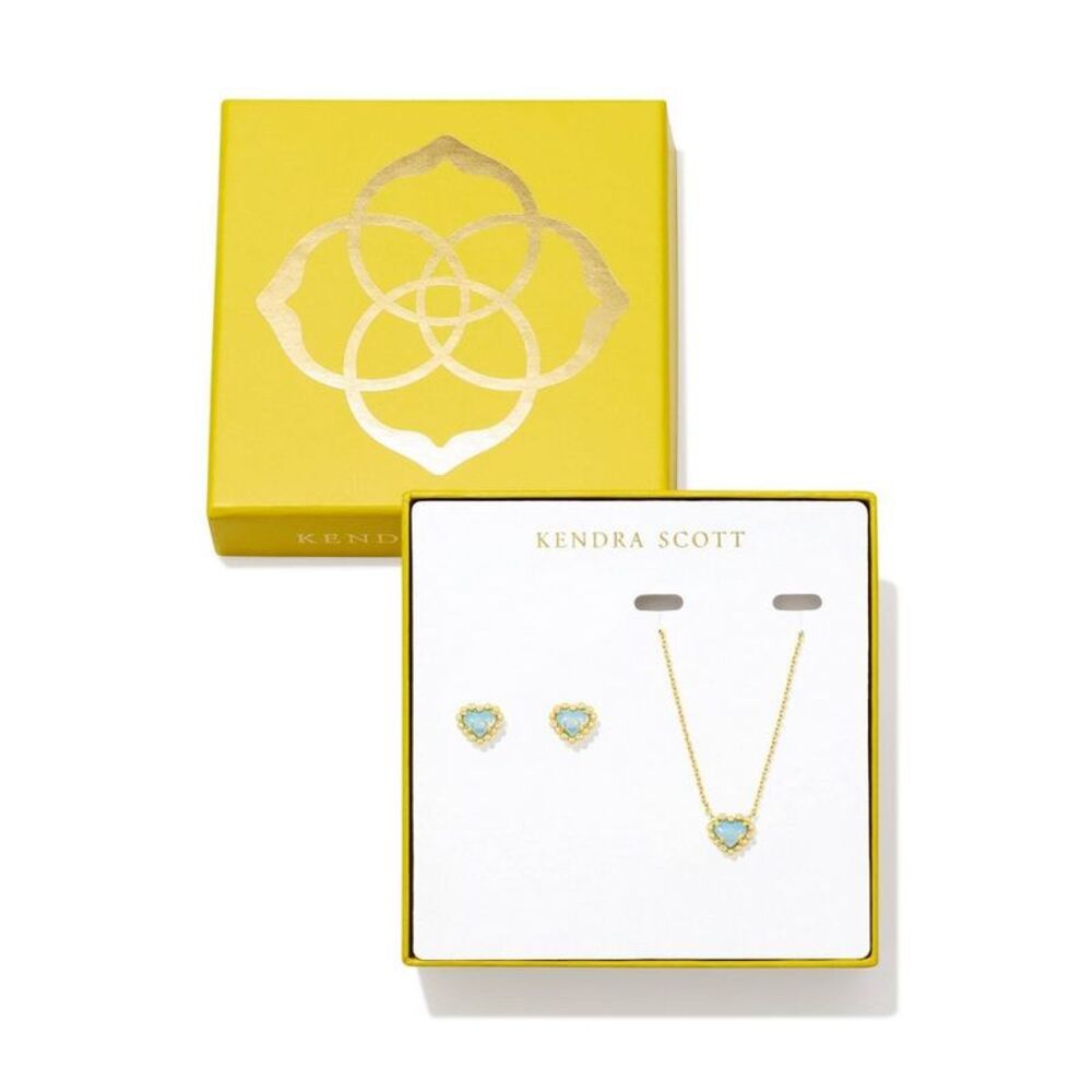 Anna Framed Stud Earrings And Pendant Necklace - Gold/Light Blue Glass One Size